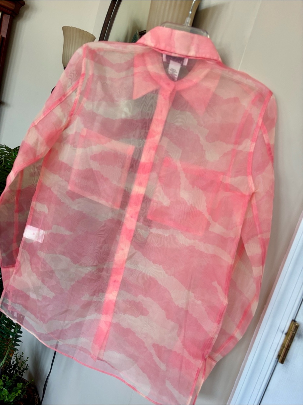NWT Rachel Zoe Pink & Cream Sheer Camouflage Button-Up Shirt Jacket Blouse - Picture 12 of 13
